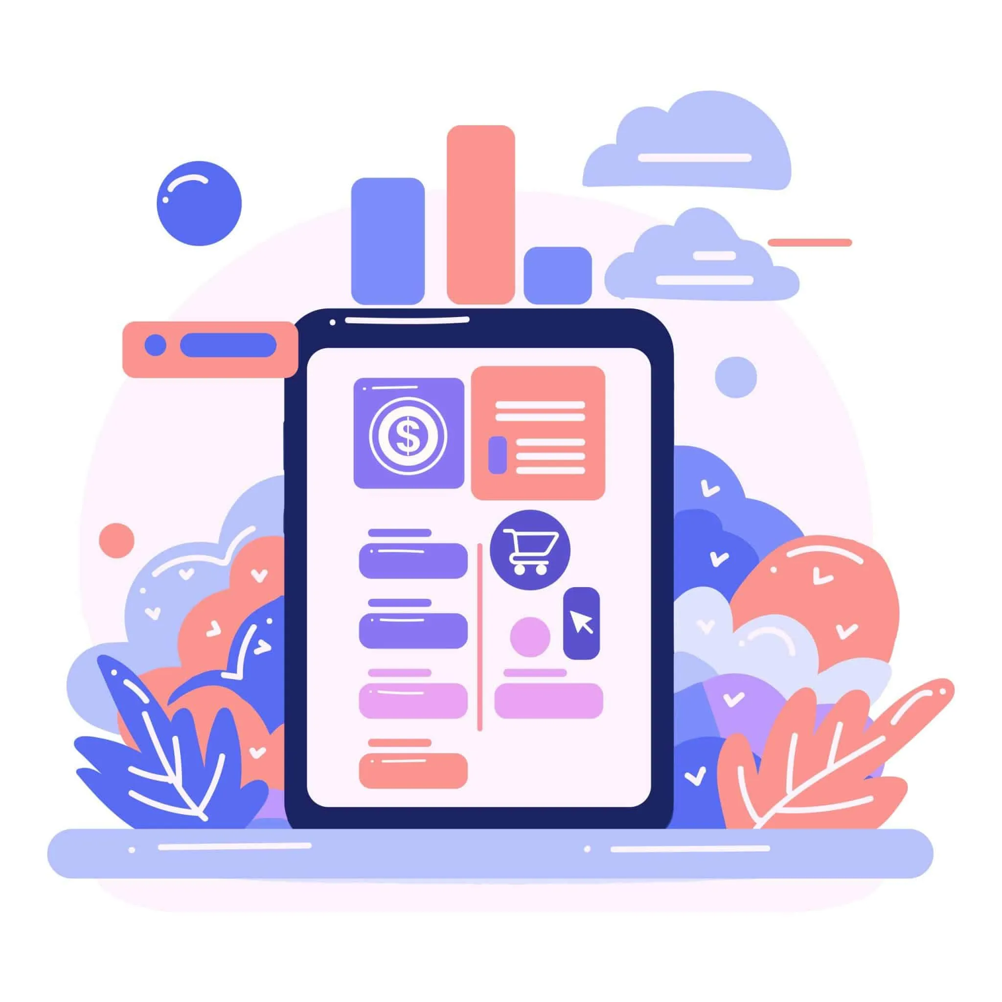 Illustration of a custom business app — dashboard with statistics and shopping features