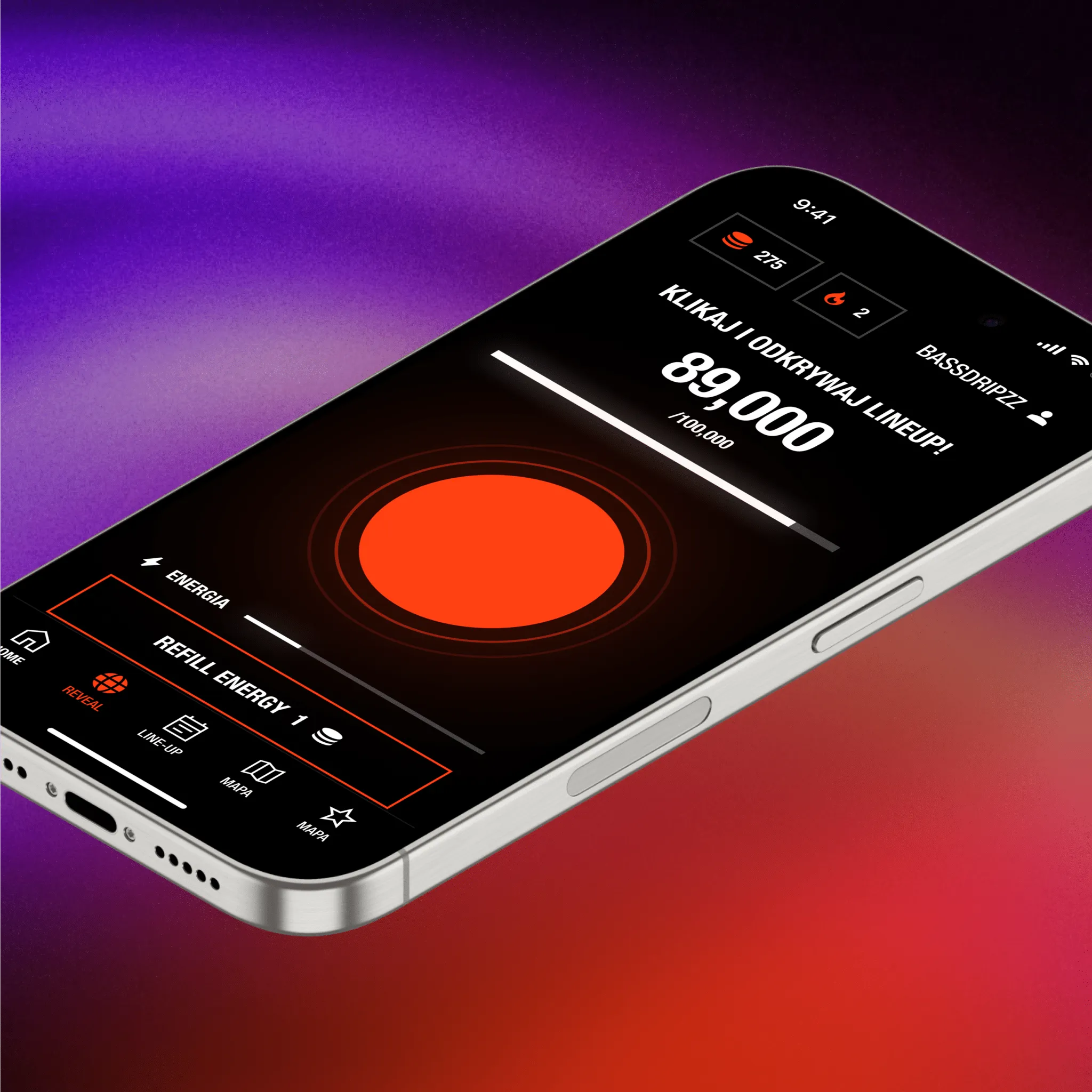 Artist Reveal screen with an energy counter in the CLOUT Festival app