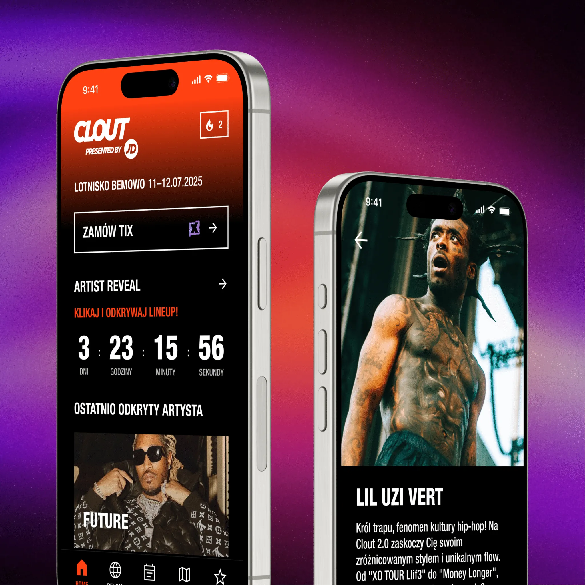 CLOUT Festival app home screen and an artist preview from the line-up
