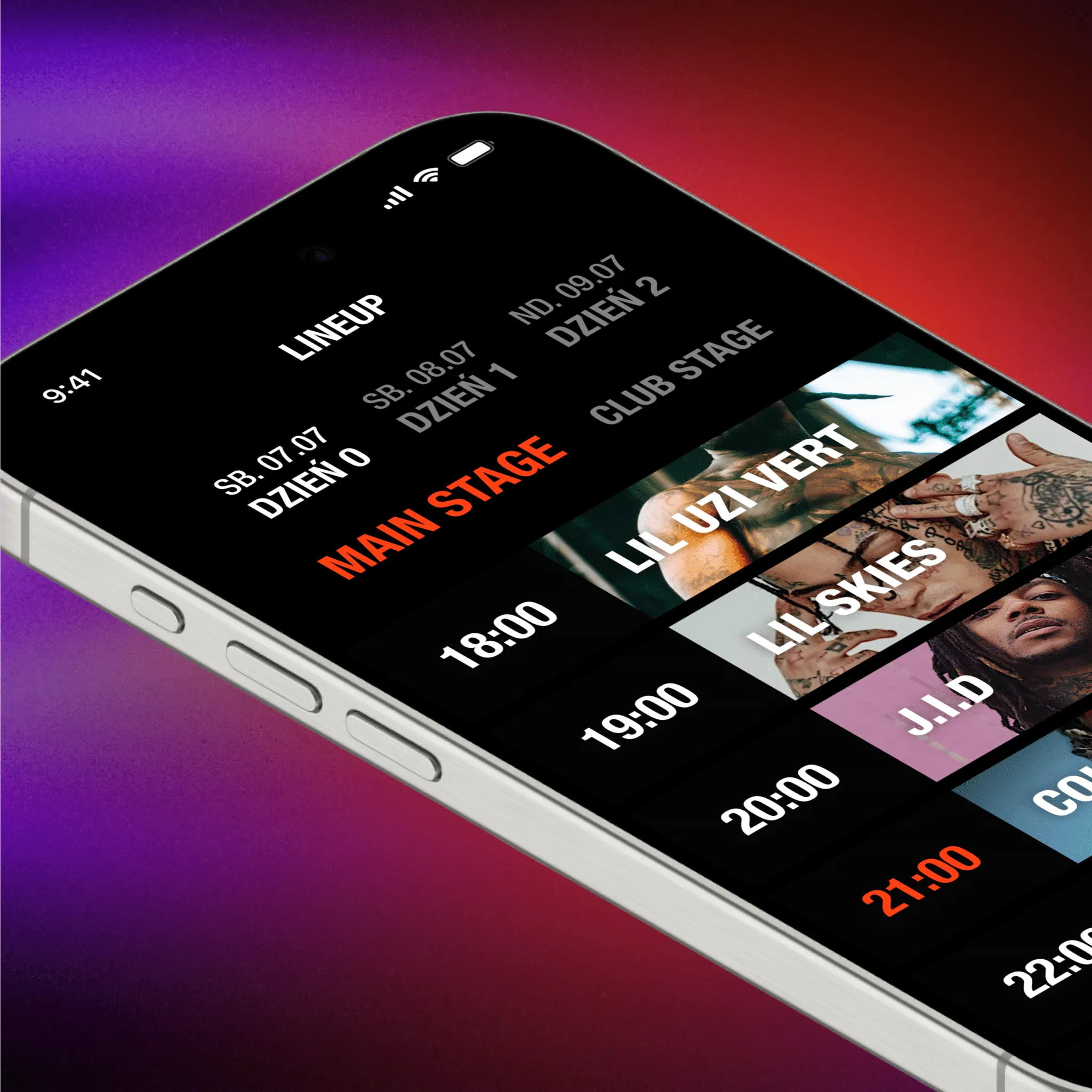 Festival line-up split by stages and set times in the CLOUT Festival app