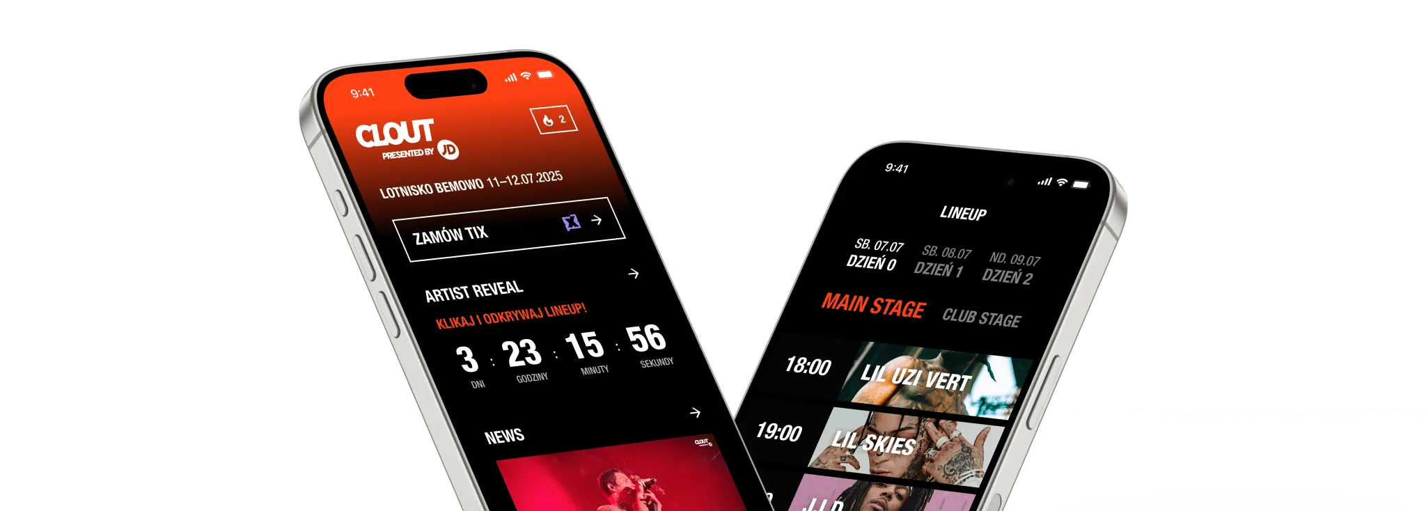 CLOUT Festival app — home screen with a countdown and the festival line-up on two phones
