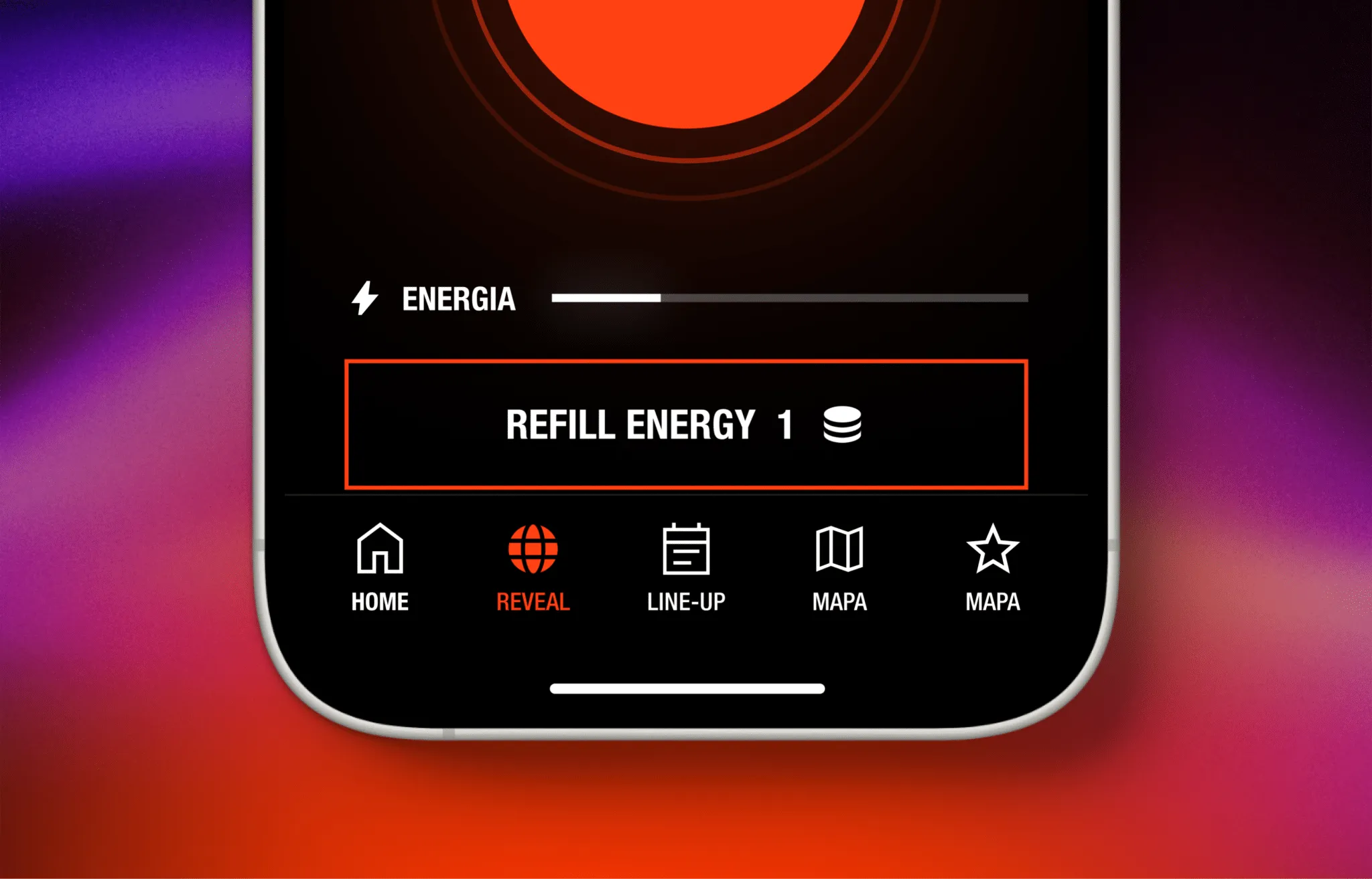 Energy bar and the Refill Energy button in the CLOUT Festival app