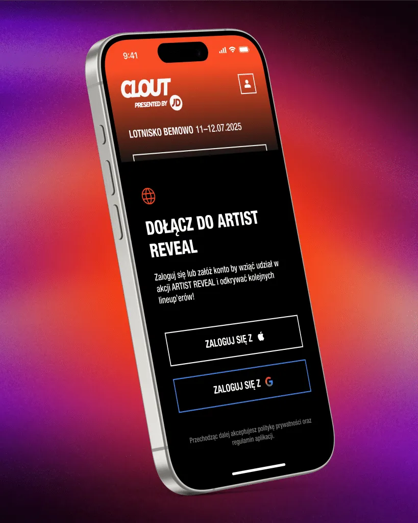 Artist Reveal join screen with login in the CLOUT Festival app