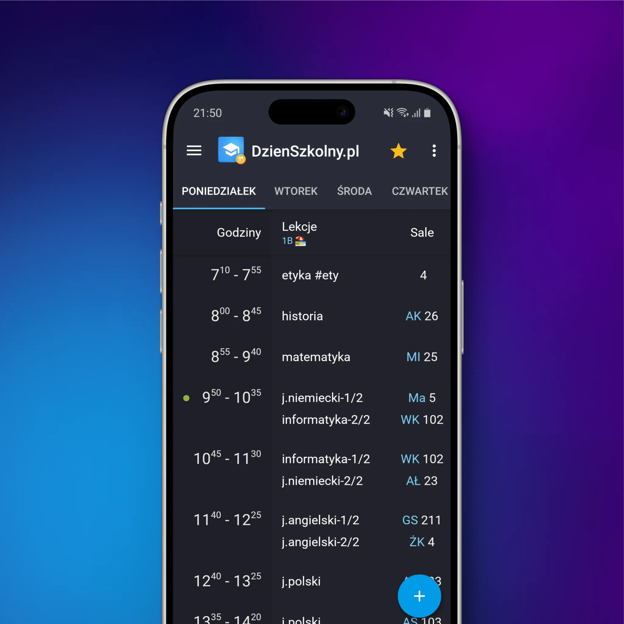 Lesson timetable in the DzieńSzkolny.pl app