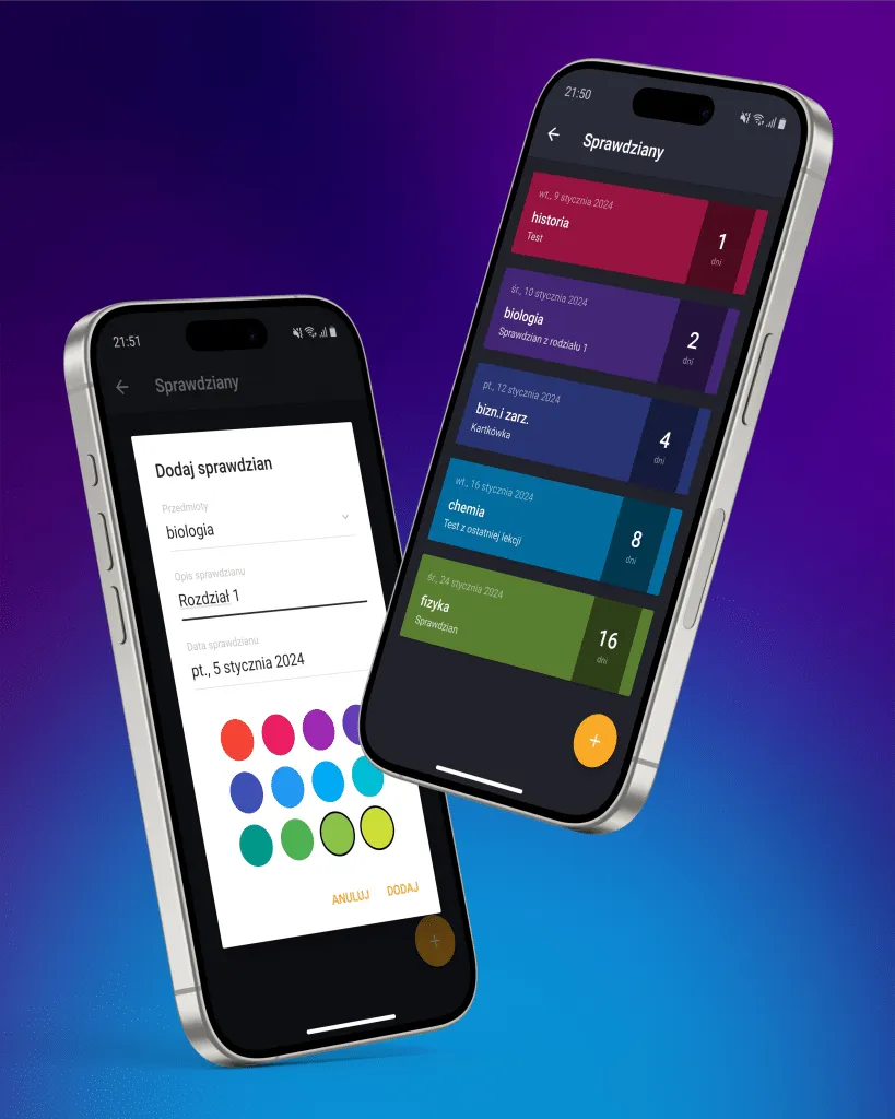 List of upcoming tests in the app