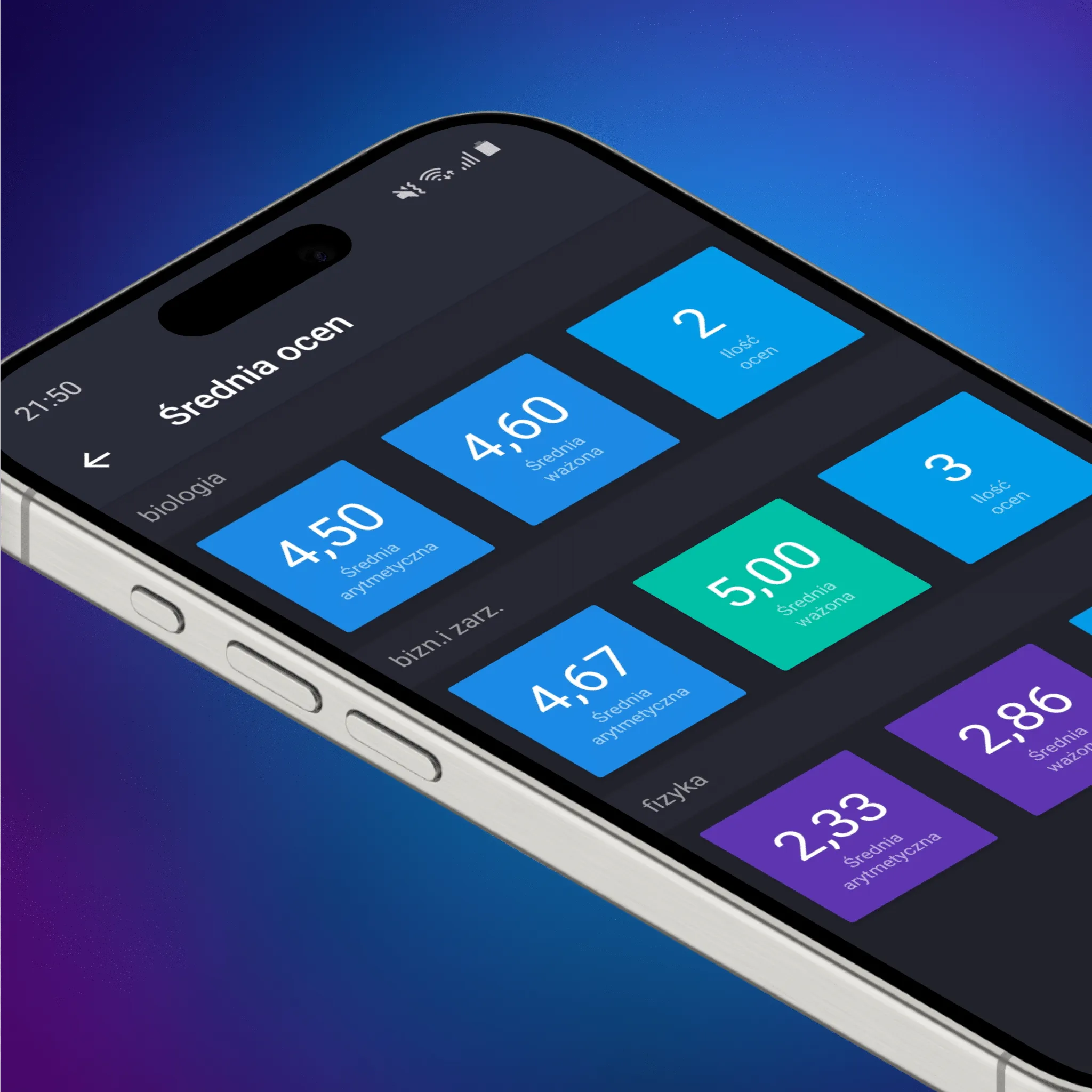Student grade average in the app