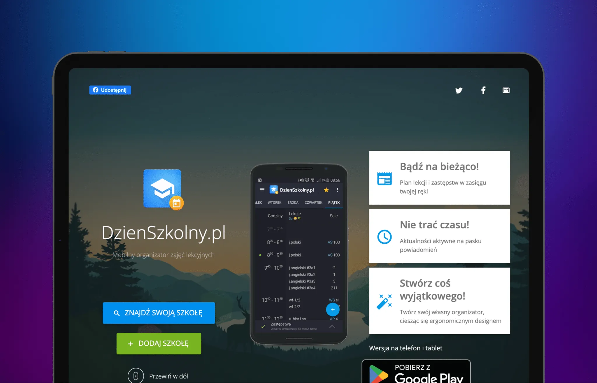 Website promoting the DzieńSzkolny.pl app