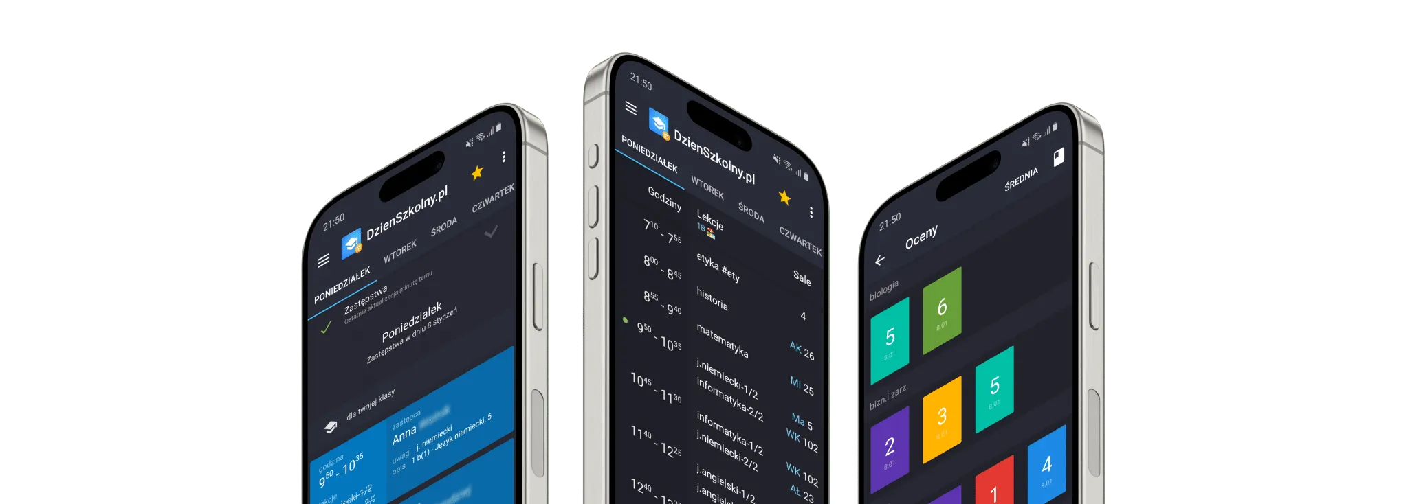 DzieńSzkolny.pl app — colorful lesson timetable on phone screens