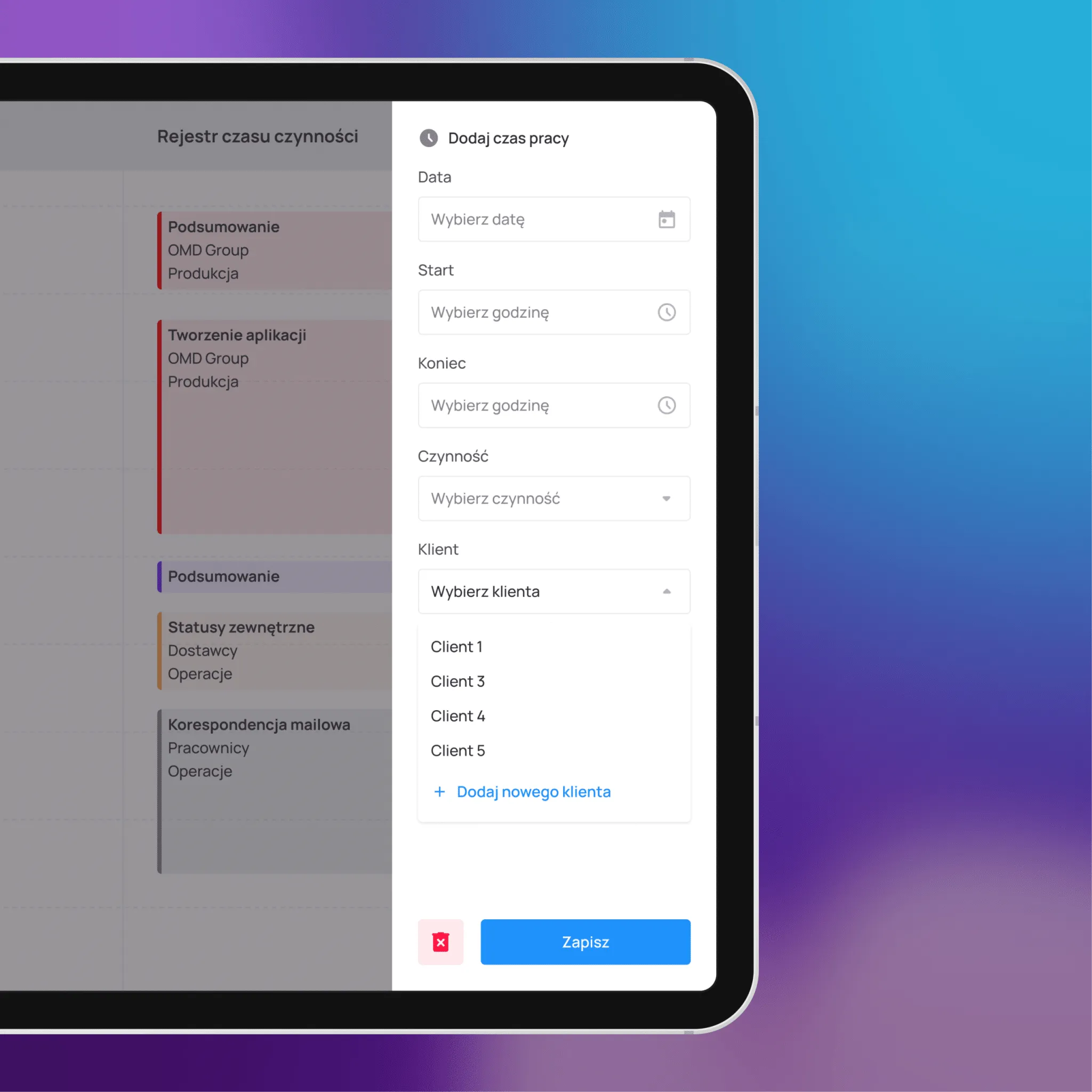 Work time entry form with activity and client selection in Hourpix