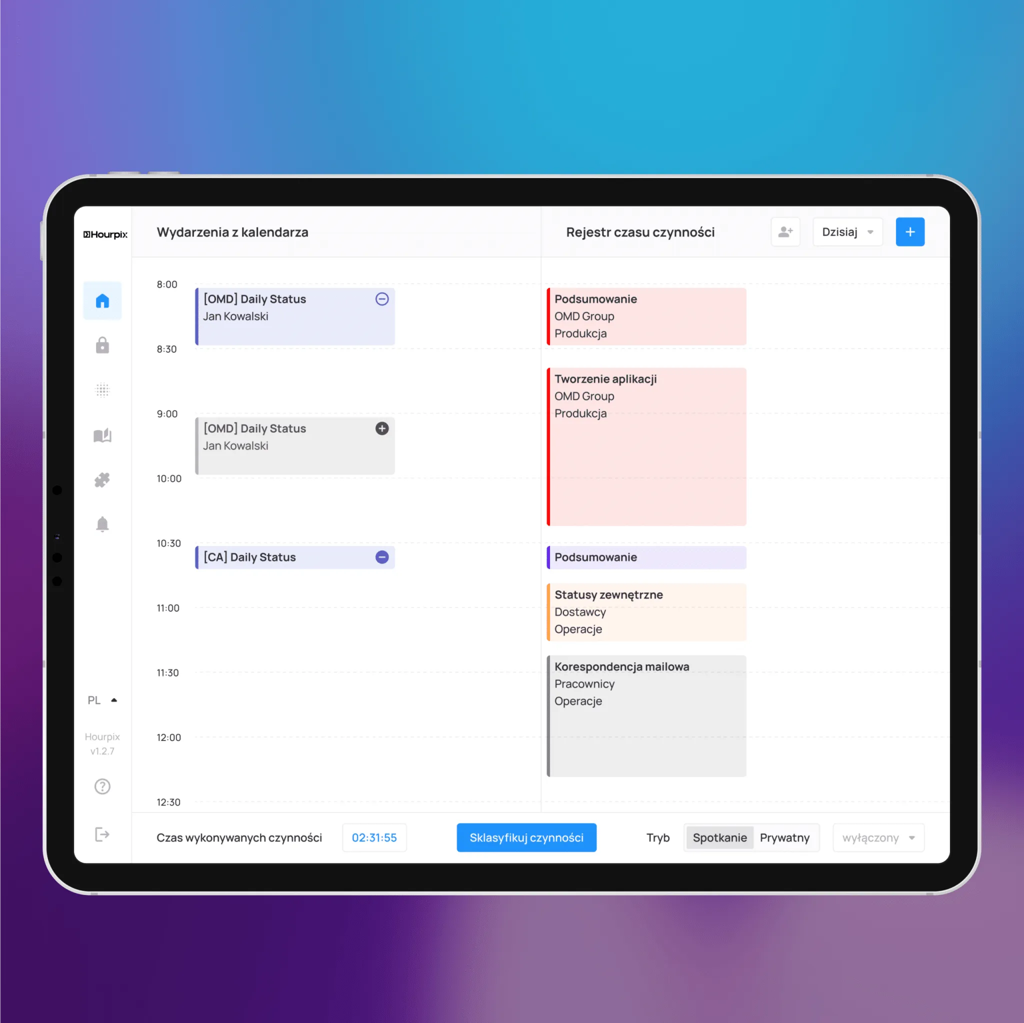 Hourpix calendar on a tablet with a timer for tracked activities