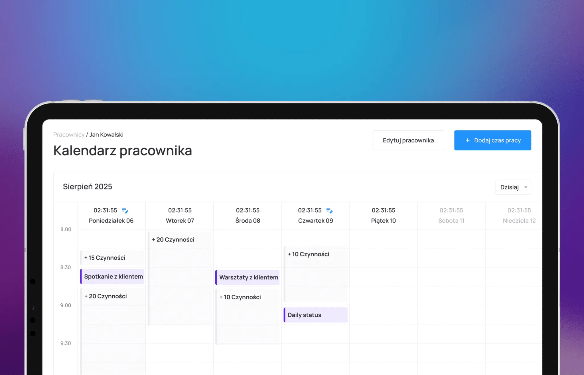 Employee calendar in Hourpix with activities across the days of the week