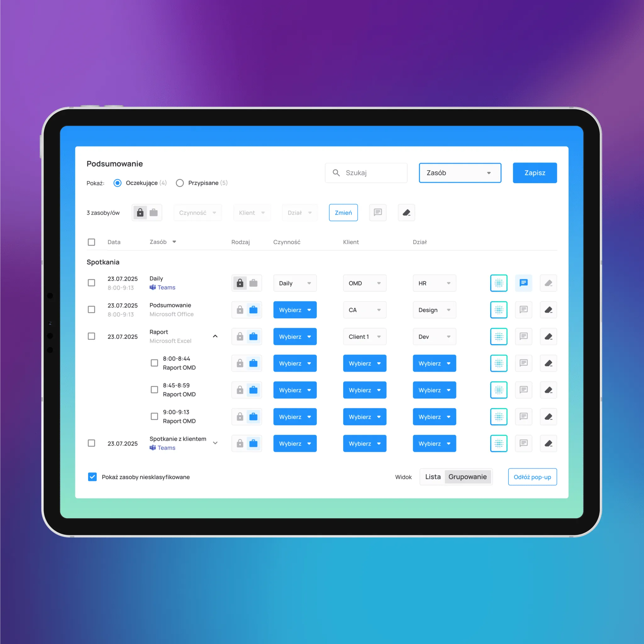 Meeting summary with resources assigned to clients and departments in Hourpix