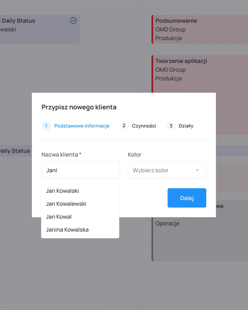 New client assignment wizard in Hourpix