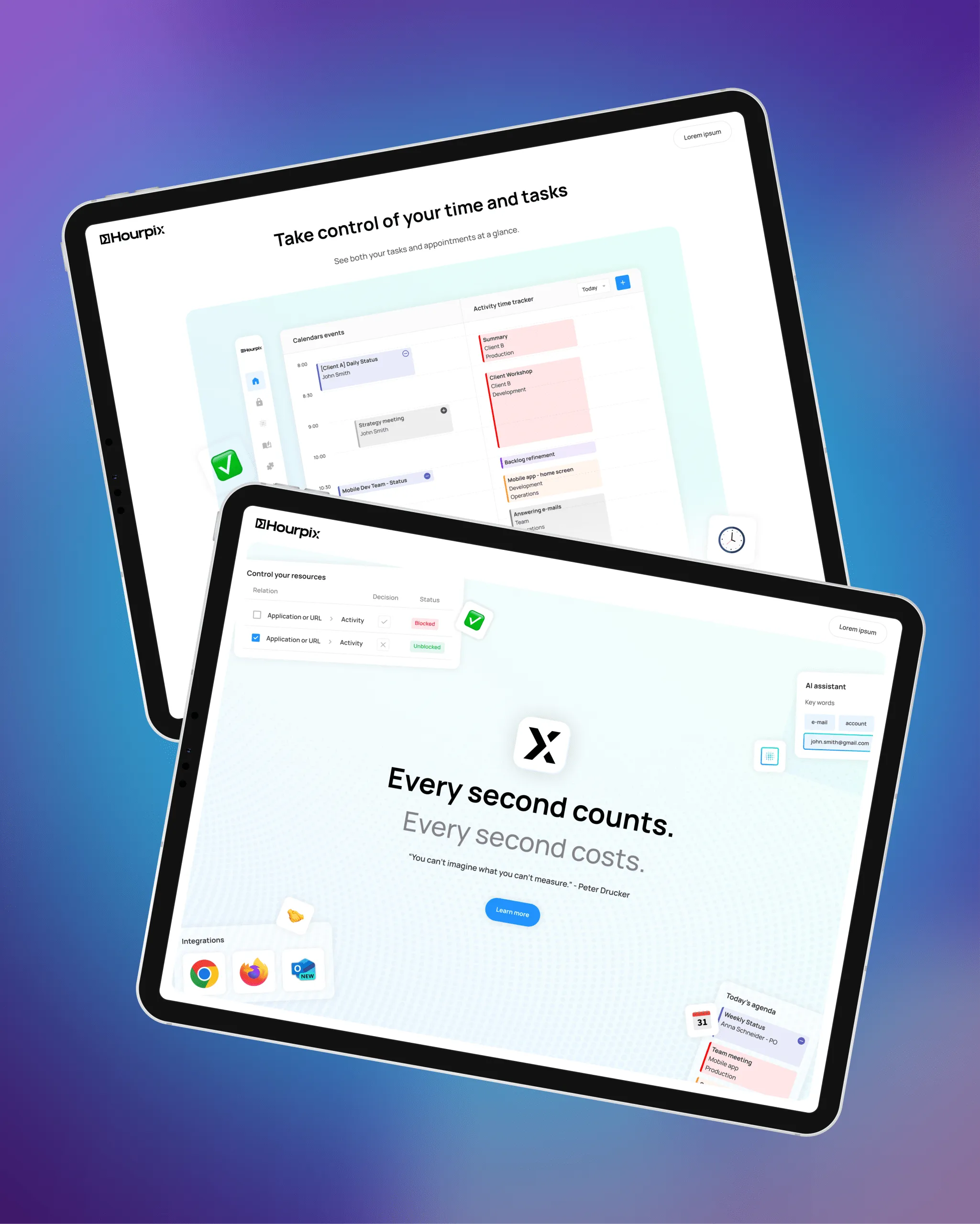 Hourpix marketing site with the “Every second counts” tagline on two tablets