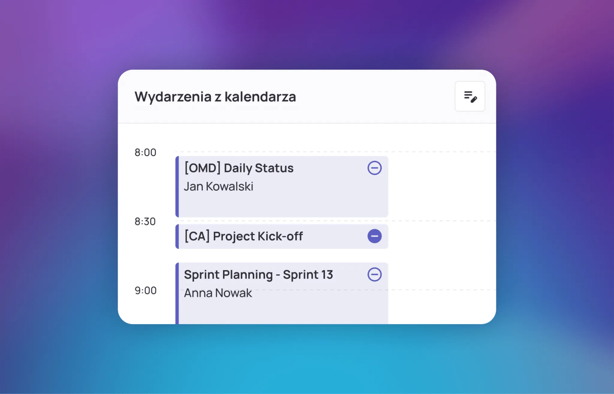 List of events synced from the calendar in Hourpix