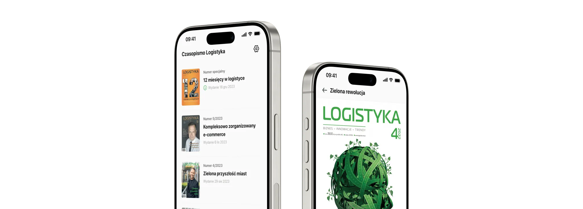 Czasopismo Logistyka app — list of issues and a magazine cover on two smartphones