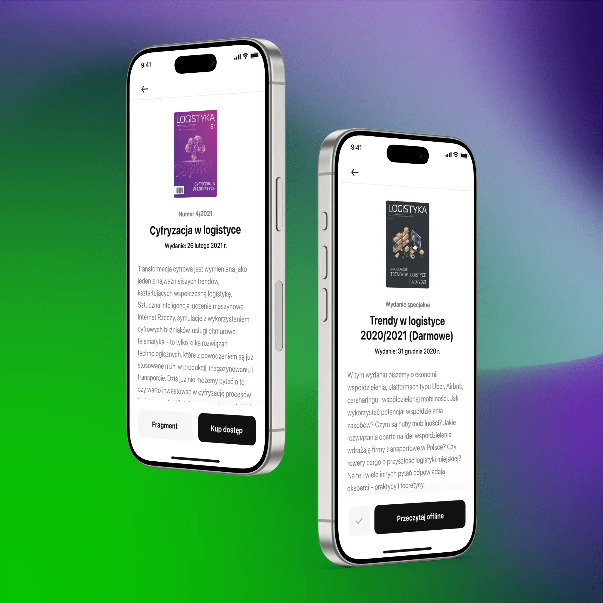Preview of a paid and a free issue in the Czasopismo Logistyka app
