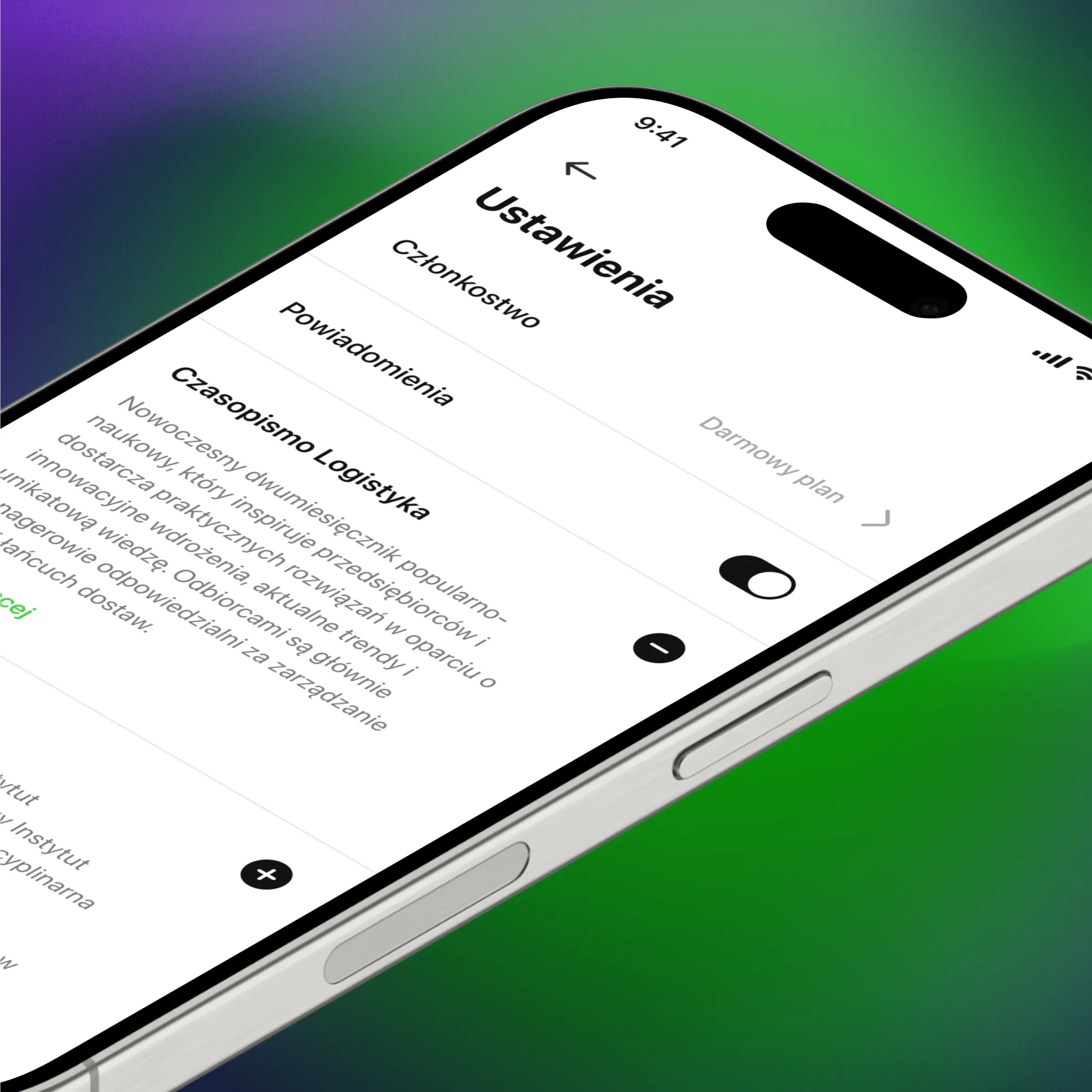 Settings screen with membership and notifications in the Czasopismo Logistyka app