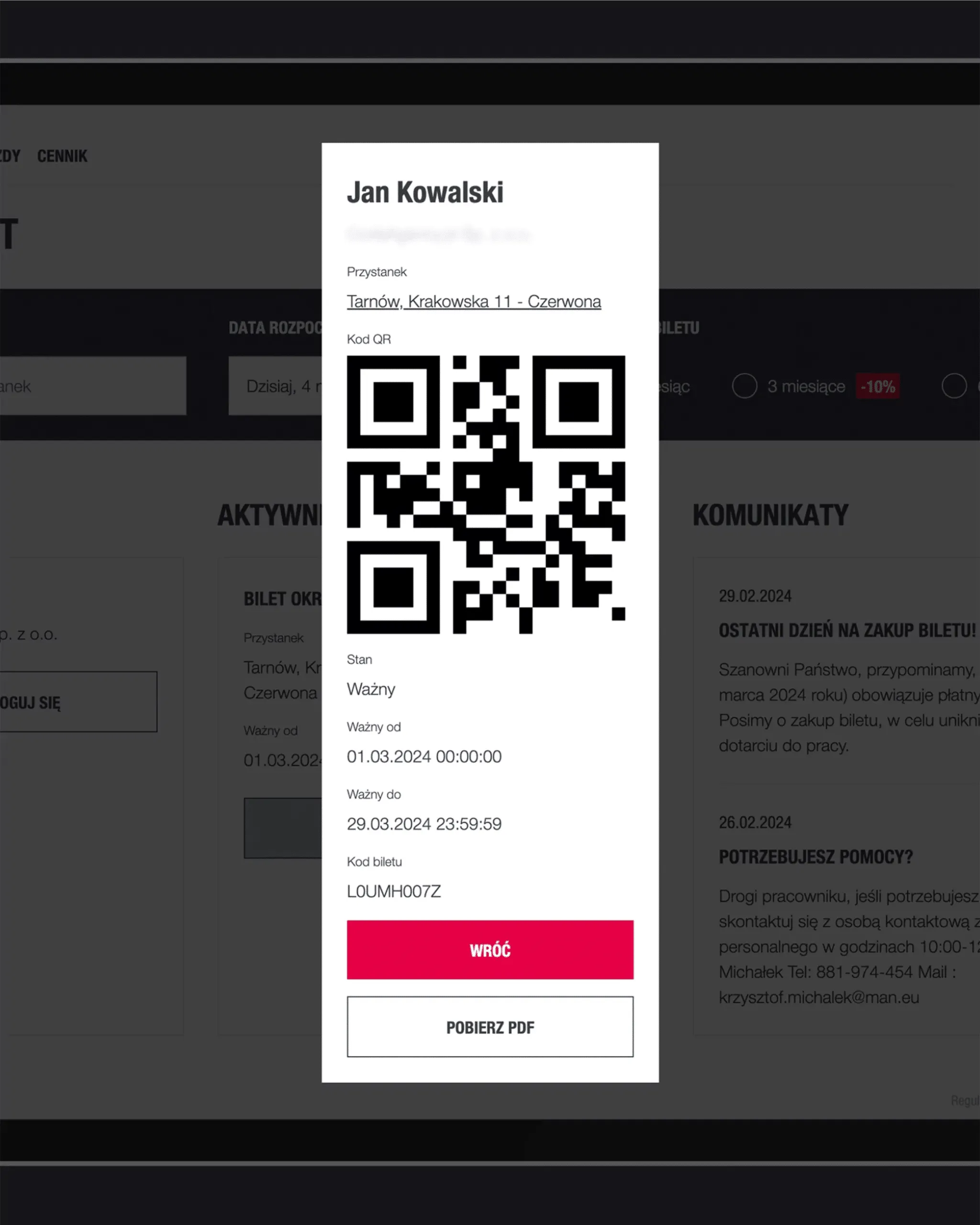 Electronic ticket with a QR code