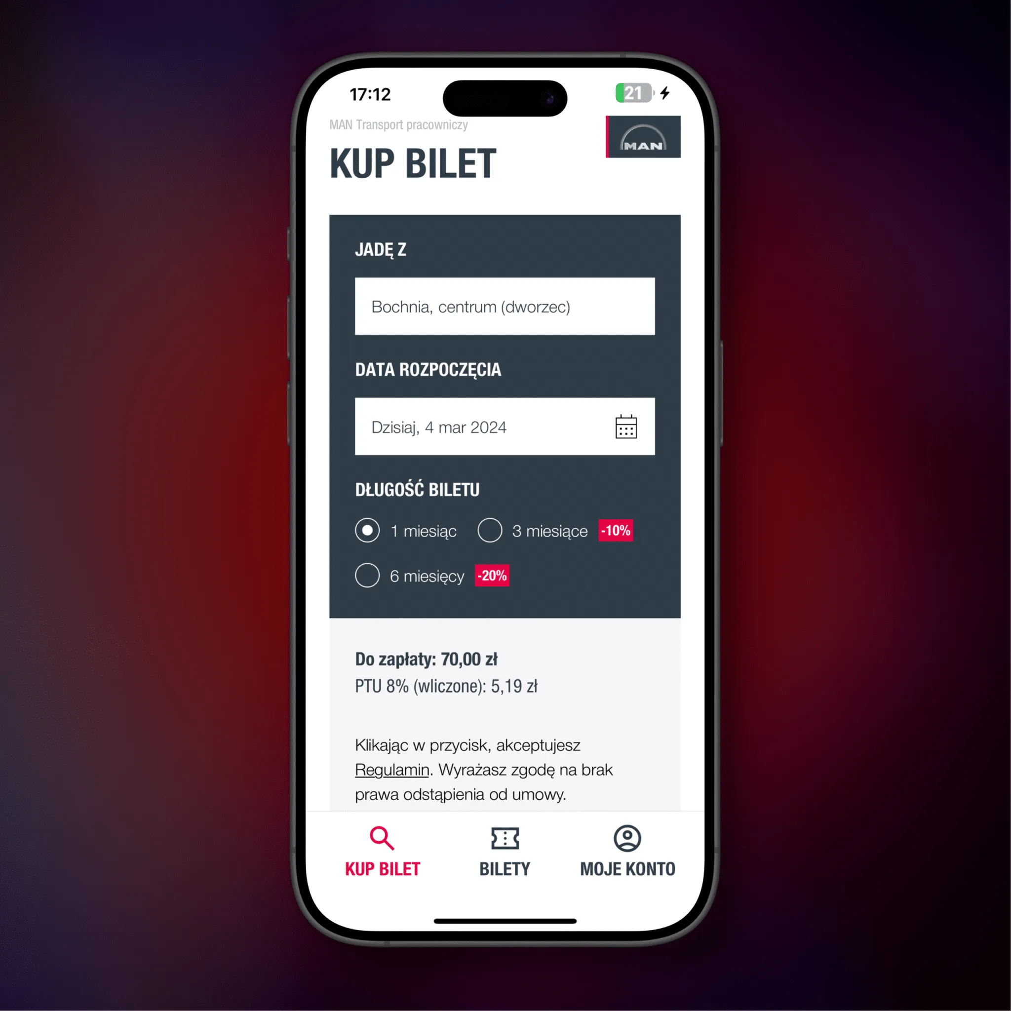 Ticket purchase screen in the MAN Transport app