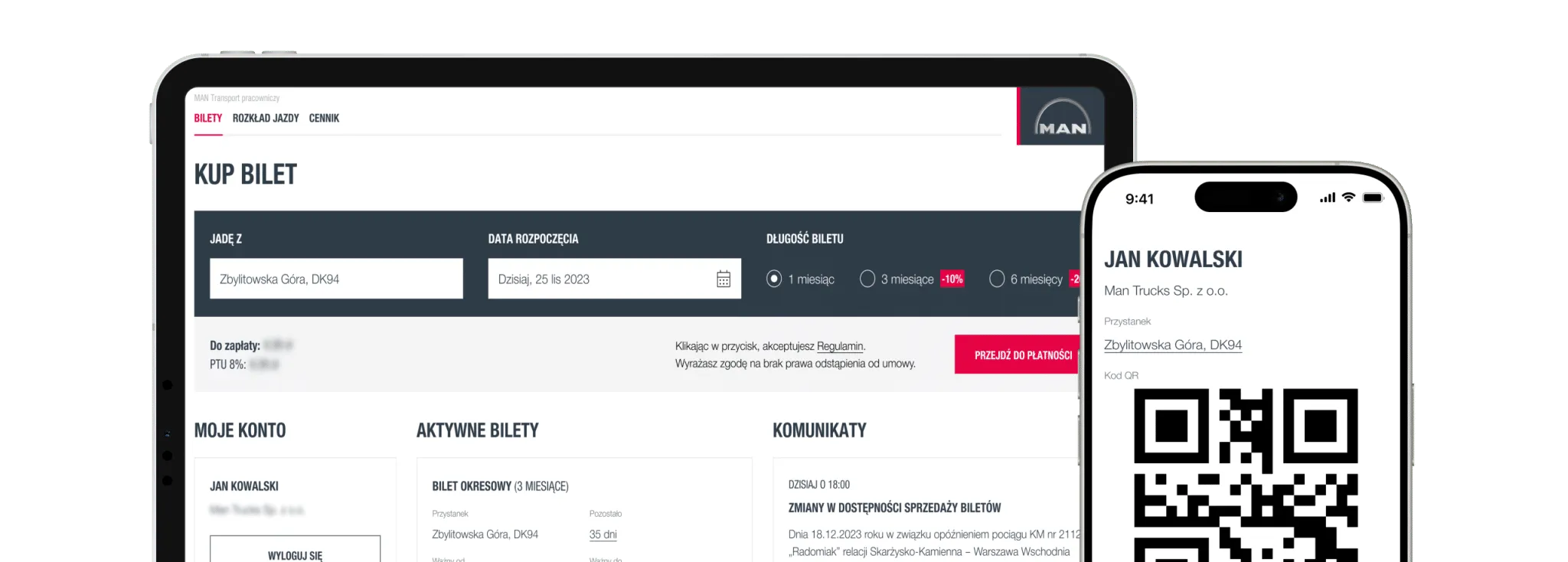 MAN Transport platform — ticket purchase panel on a tablet and a QR ticket in the mobile app
