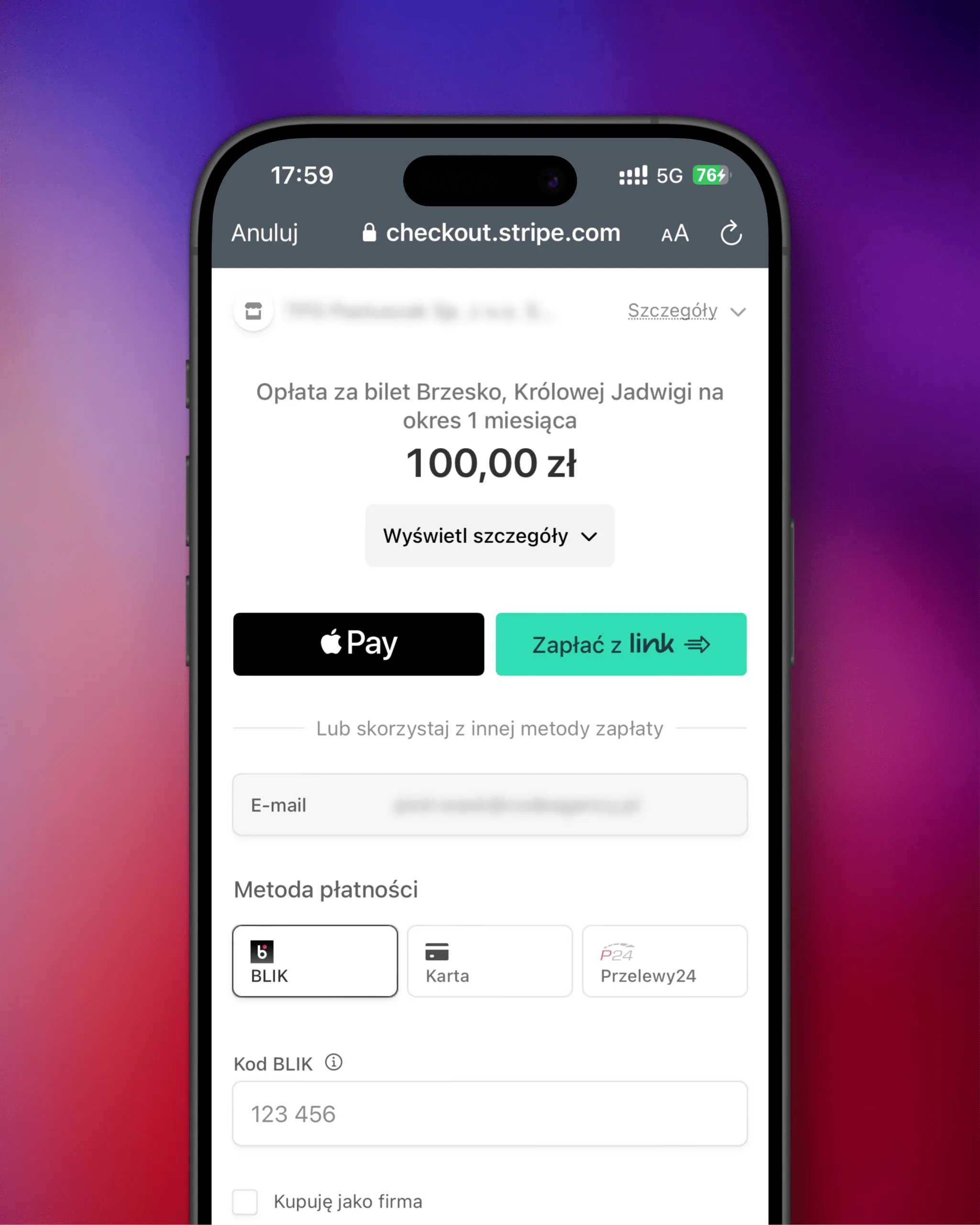 Stripe ticket payment on a phone