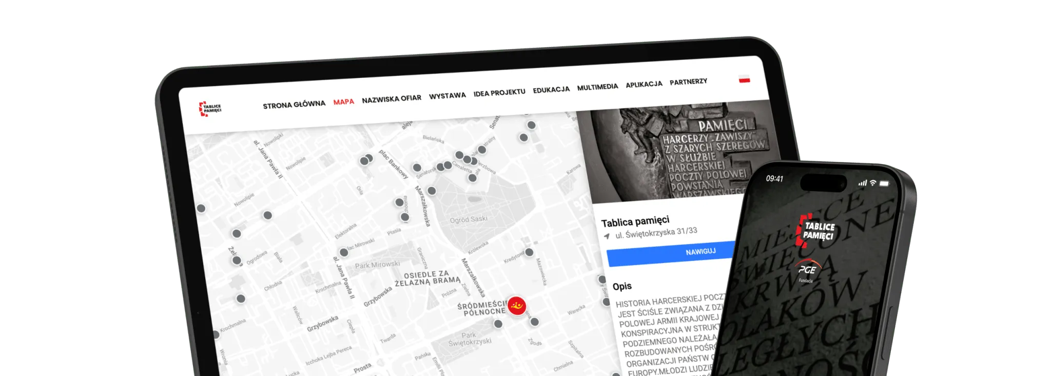 Tablice Pamięci platform — interactive map in a browser on a laptop and the mobile app