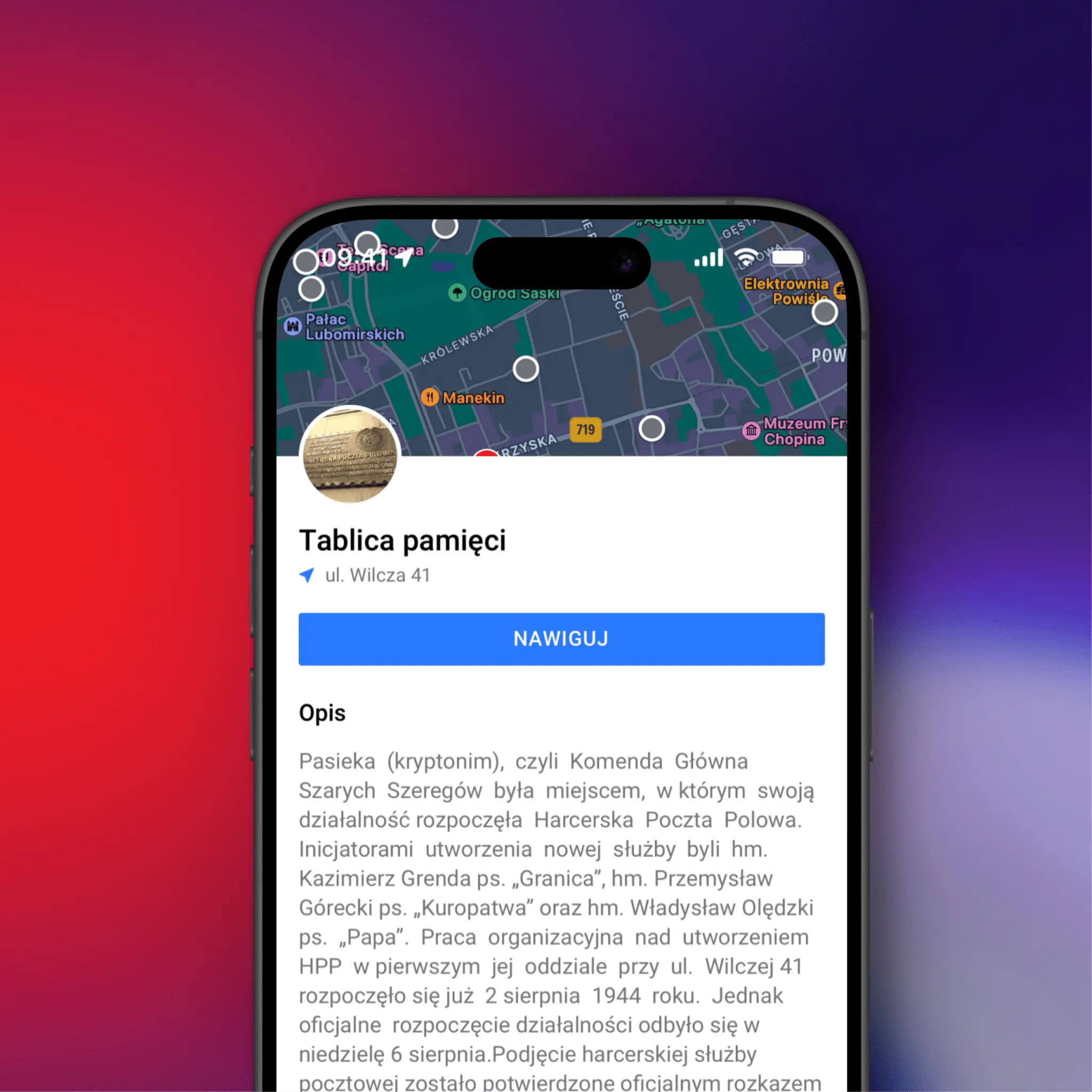 Memorial plaque preview with a description and navigation in the Tablice Pamięci app