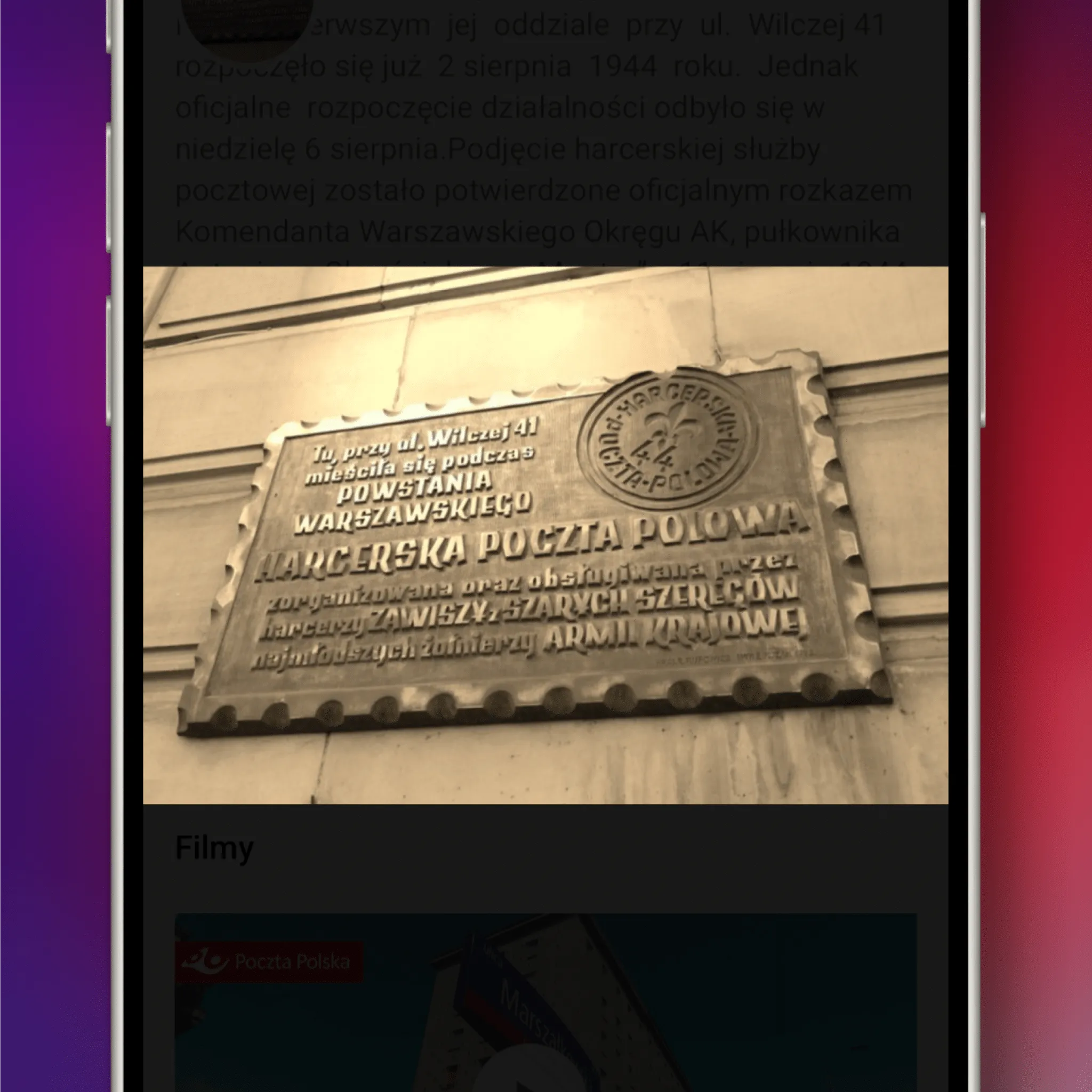 Photo of a memorial plaque in a place card in the Tablice Pamięci app