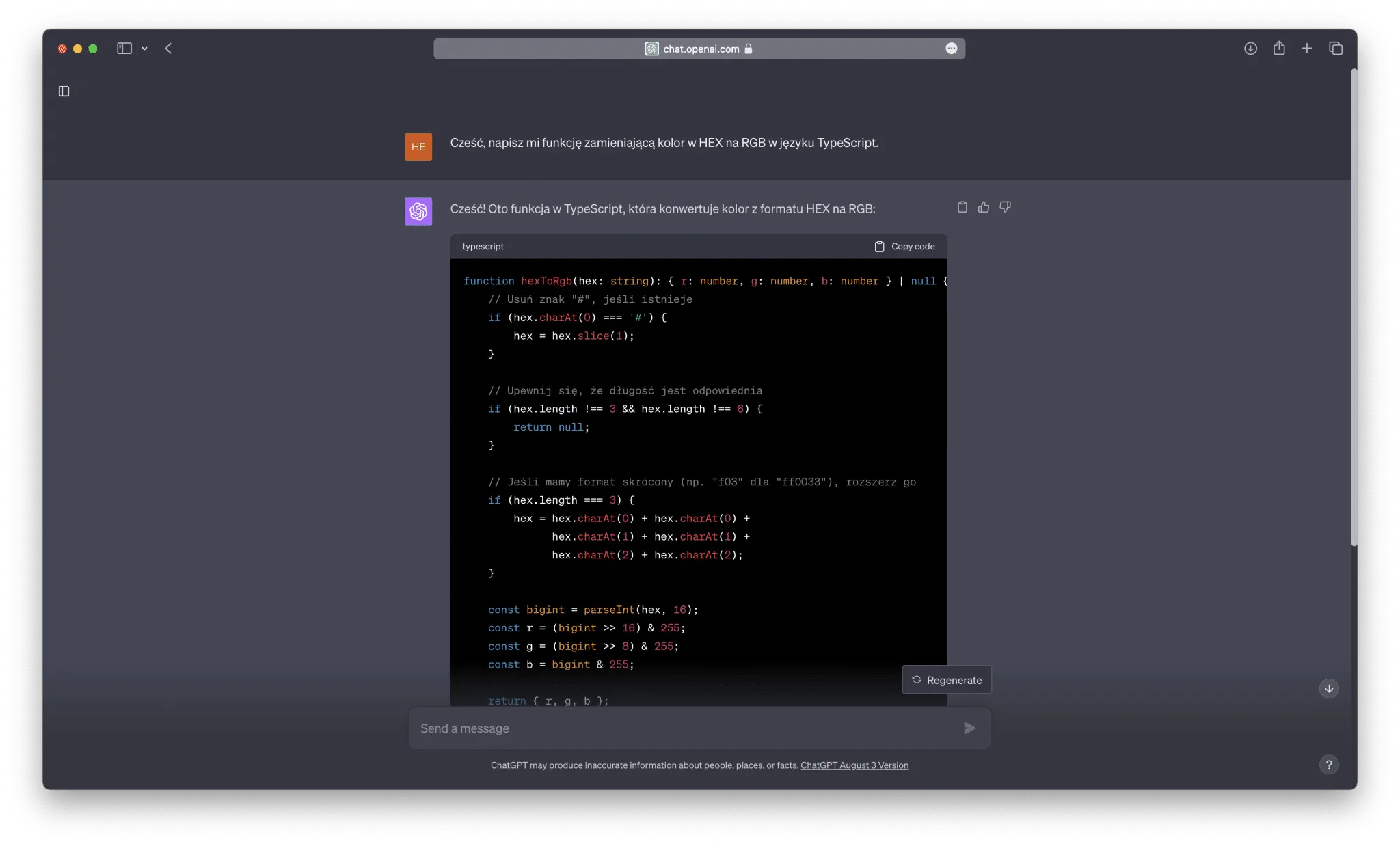 ChatGPT generating a TypeScript function that converts a color from HEX to RGB