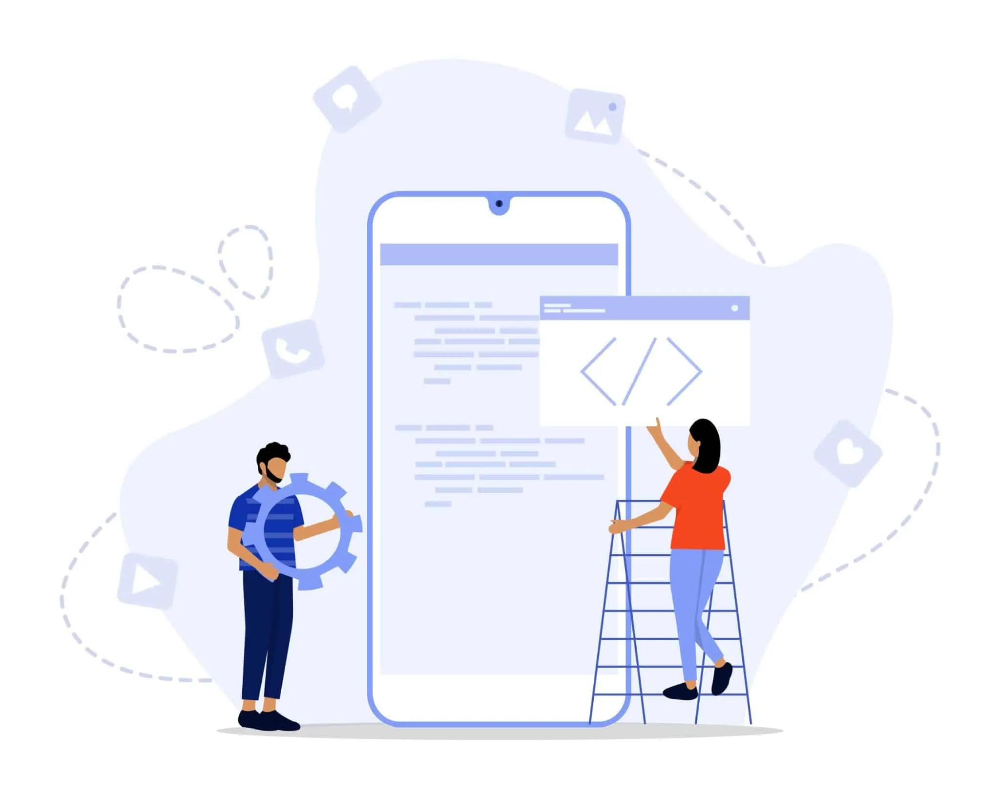 Illustration of a team building a mobile app — code and settings on a smartphone screen