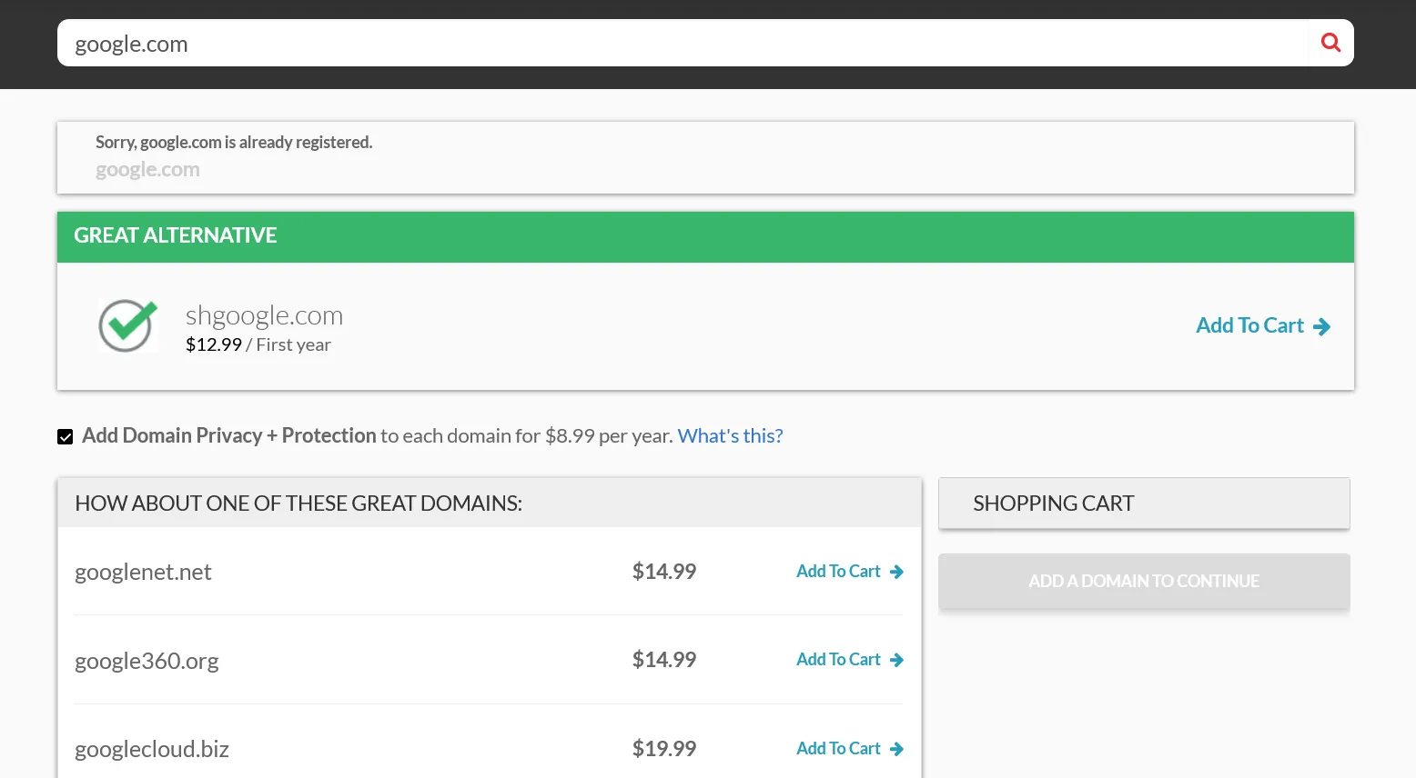 Domain availability search showing alternative domain suggestions and a shopping cart