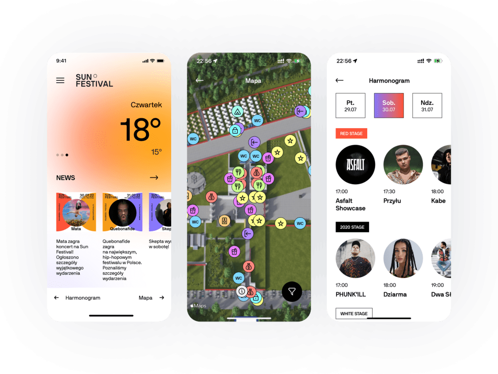 makiety aplikacji mobilnej "Sun Festival"