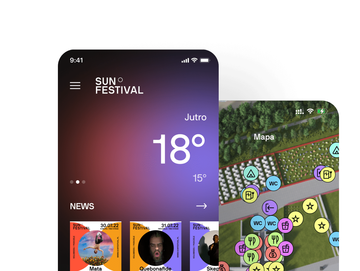 dwa ekrany aplikacji mobilnej "Sun Festival"